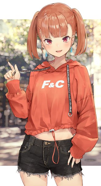 Anime picture 840x1536 with original isegawa yasutaka single tall image looking at viewer blush fringe short hair open mouth smile red eyes standing twintails holding outdoors long sleeves nail polish :d blurry orange hair