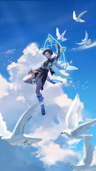 Anime picture 1969x3500 with genshin impact scaramouche (genshin impact) wanderer (genshin impact) mmmimoza 5 single tall image highres short hair blue eyes black hair signed sky cloud (clouds) full body arm up twitter username flying boy animal bird (birds)