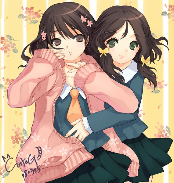 Anime picture 1000x1052 with original cuteg tall image looking at viewer blush short hair brown hair multiple girls brown eyes green eyes signed hug girl uniform hair ornament 2 girls school uniform bobby pin sweater butterfly hair ornament