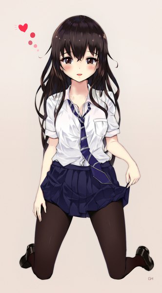 Anime picture 1217x2200 with original gh (chen ghh) single long hair tall image looking at viewer blush open mouth black hair brown eyes open collar girl skirt uniform school uniform shirt pantyhose necktie white shirt black pantyhose