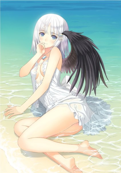 Anime picture 1285x1823 with shining (series) shining ark panis angelicus tony taka single tall image looking at viewer blush short hair blue eyes light erotic white hair scan official art girl dress wings water sea