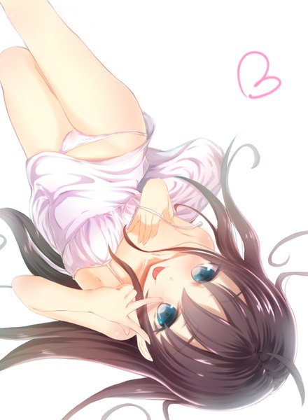 Anime picture 1100x1500 with original eriopatrol single long hair tall image looking at viewer blush blue eyes light erotic simple background brown hair white background lying on back :p girl dress underwear panties heart