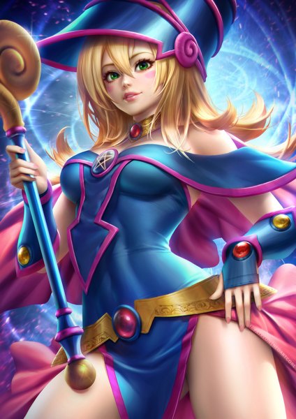 Anime picture 2480x3508 with yu-gi-oh! dark magician girl nudtawut thongmai single long hair tall image looking at viewer blush fringe highres blonde hair smile hair between eyes standing bare shoulders holding green eyes nail polish lips realistic