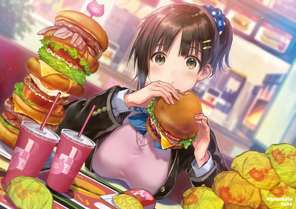 Anime picture 1000x708 with original hanekoto single looking at viewer blush fringe short hair breasts brown hair large breasts sitting holding brown eyes signed ponytail head tilt blurry eating polka dot :t