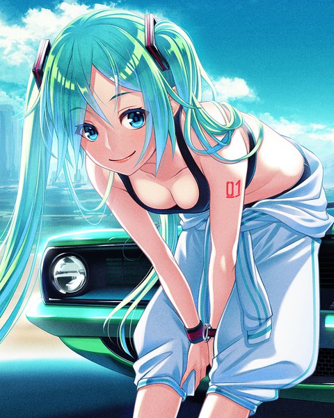 Anime picture 800x1000 with vocaloid ford hatsune miku hamada youho single tall image looking at viewer breasts light erotic smile twintails sky cleavage cloud (clouds) very long hair aqua eyes aqua hair girl hair ornament ground vehicle