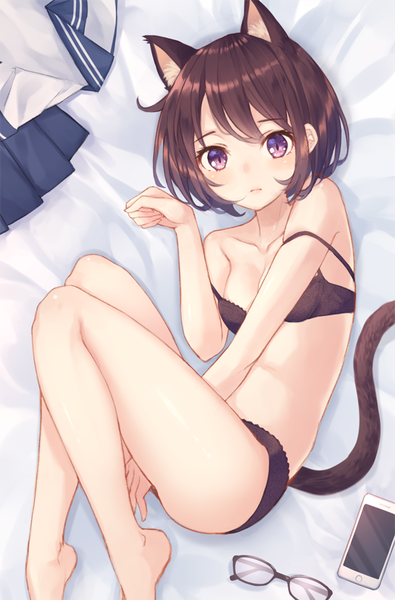 Anime picture 593x900 with original kawami nami single tall image looking at viewer blush fringe short hair light erotic brown hair purple eyes animal ears bent knee (knees) tail parted lips animal tail cat ears cat tail underwear only slit pupils