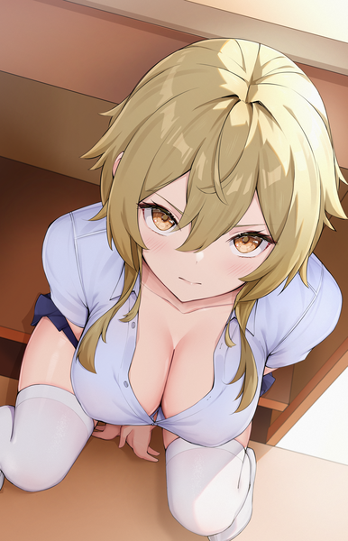 Anime picture 1797x2792 with genshin impact lumine (genshin impact) rosumerii single long hair tall image looking at viewer blush highres breasts light erotic blonde hair large breasts sitting yellow eyes cleavage pleated skirt from above open collar frown