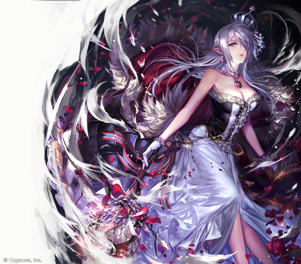 Anime picture 1027x900 with shingeki no bahamut irua single long hair looking at viewer fringe breasts blue eyes bare shoulders holding cleavage silver hair parted lips pointy ears hair over one eye official art floating hair girl dress gloves