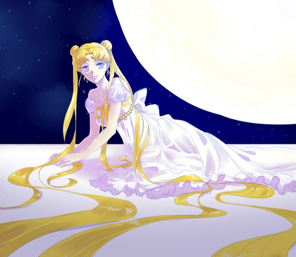Anime picture 1200x1041 with bishoujo senshi sailor moon toei animation princess serenity t growing single blue eyes blonde hair twintails looking away sky very long hair night night sky kneeling reclining silver eyes crescent girl dress hair ornament