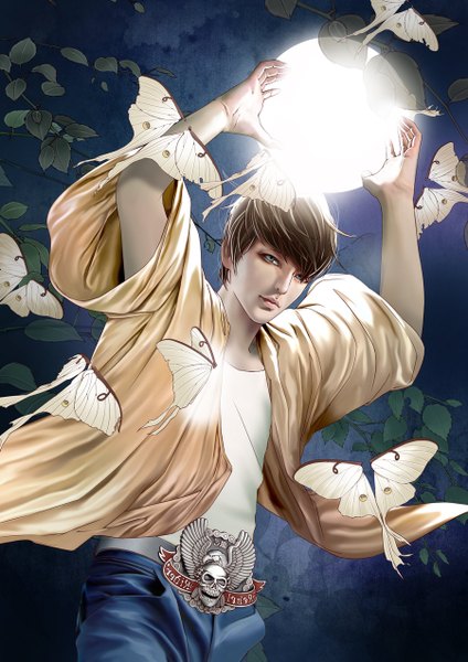 Anime picture 900x1273 with original amberli (artist) single tall image short hair brown hair night grey eyes light boy wings leaf (leaves) insect butterfly cape t-shirt branch ball skull jeans