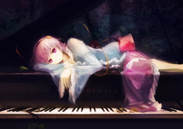 Anime picture 1600x1131 with touhou komeiji satori jq single short hair pink hair lying pink eyes girl dress bow hairband leaf (leaves) piano