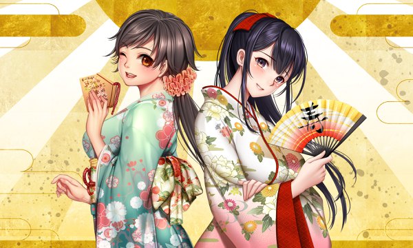 Anime picture 2400x1440 with original masami chie long hair looking at viewer blush fringe highres black hair smile wide image multiple girls brown eyes ponytail traditional clothes japanese clothes one eye closed wink holding arm girl flower (flowers)