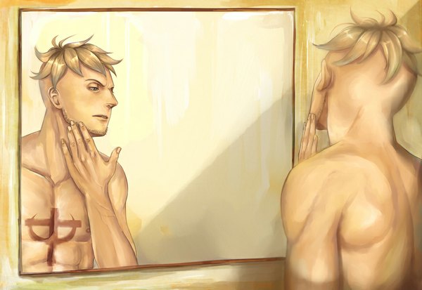 Anime picture 1024x705 with one piece toei animation marco (one piece) megatruh single short hair light erotic blonde hair from behind tattoo reflection topless muscle bristle boy mirror
