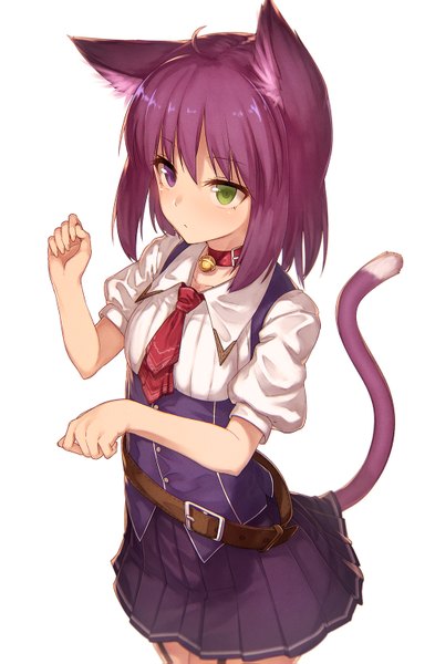 Anime picture 1005x1535 with original ibuki notsu single tall image looking at viewer fringe short hair simple background standing white background purple eyes green eyes animal ears payot purple hair ahoge red hair tail animal tail pleated skirt