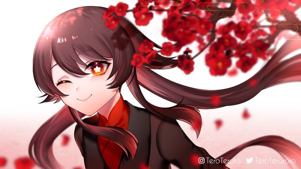 Anime picture 1600x900 with genshin impact hu tao (genshin impact) tero (terotero3187) single long hair fringe smile hair between eyes red eyes brown hair wide image twintails upper body one eye closed symbol-shaped pupils plum blossoms no hat girl flower (flowers) branch