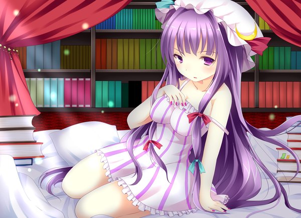 Anime picture 1451x1050 with touhou patchouli knowledge ajiriko single long hair looking at viewer purple eyes purple hair girl dress bow hair bow book (books) bonnet sundress