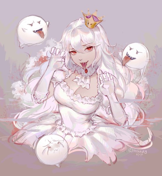 Anime picture 3772x4096 with super mario bros. new super mario bros. u deluxe princess king boo boo (mario) mikavvvi single long hair tall image looking at viewer fringe highres breasts hair between eyes red eyes signed absurdres cleavage white hair ghost claw pose