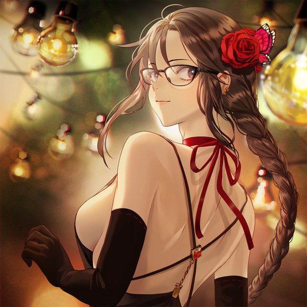 Anime picture 1200x1200 with fate (series) fate/grand order yu mei-ren (fate) panmijin99 single long hair looking at viewer fringe breasts light erotic hair between eyes brown hair large breasts brown eyes upper body braid (braids) hair flower light smile from behind blurry