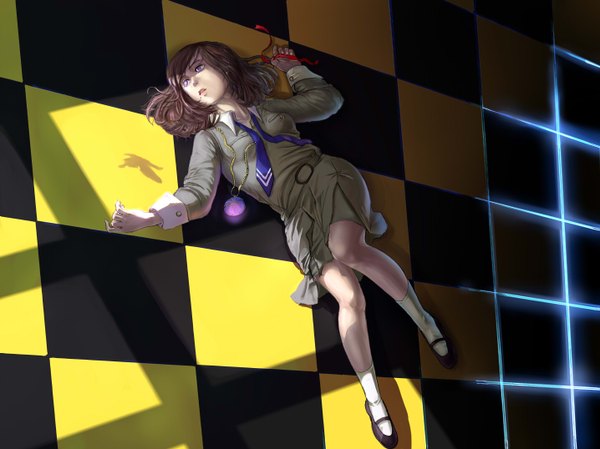 Anime picture 1435x1076 with persona sonomura maki guri otoko single brown hair purple eyes lying from above sunlight mole shadow checkered floor glow checkered checkered background uniform ribbon (ribbons) school uniform socks shoes