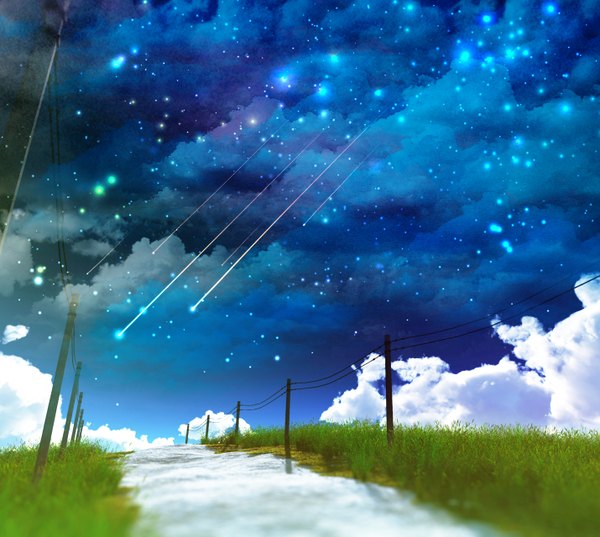 Anime picture 1430x1280 with original y-k sky cloud (clouds) no people landscape meteor rain plant (plants) star (stars) grass power lines