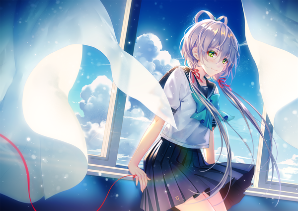 Anime picture 1500x1061 with vocaloid vocaloid china luo tianyi tidsean single long hair looking at viewer blush fringe smile hair between eyes standing twintails green eyes sky silver hair cloud (clouds) indoors pleated skirt wind