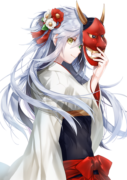 Anime picture 800x1133 with original dodome ichika waka (shark waka) single long hair tall image looking at viewer fringe simple background smile hair between eyes standing white background holding green eyes yellow eyes payot silver hair traditional clothes head tilt