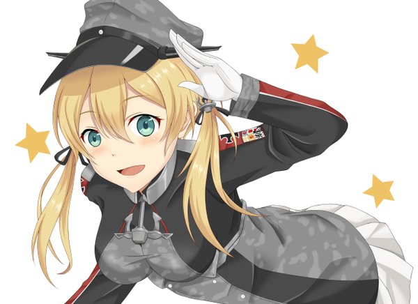 Anime picture 1238x900 with kantai collection prinz eugen (kantai collection) esuto single long hair looking at viewer blush open mouth simple background blonde hair smile white background twintails leaning leaning forward girl skirt gloves uniform white gloves