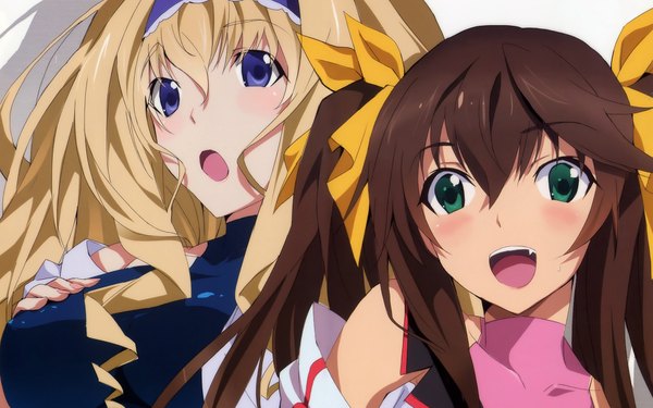Anime picture 1920x1200 with infinite stratos 8bit cecilia orcott fang linyin long hair blush highres open mouth blue eyes blonde hair brown hair wide image twintails multiple girls green eyes teeth fang (fangs) girl 2 girls