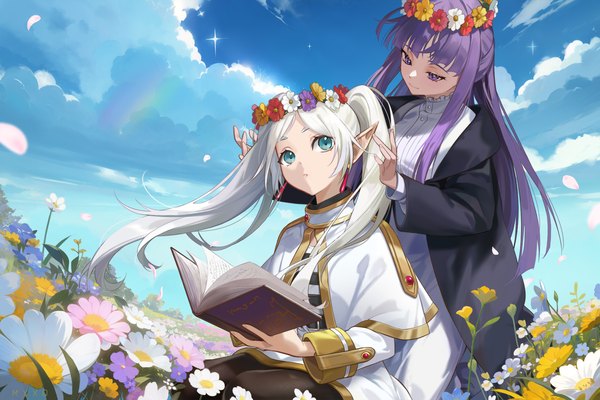 Anime picture 1800x1200 with sousou no frieren frieren fern (sousou no frieren) peach luo long hair fringe highres sitting purple eyes twintails multiple girls sky purple hair cloud (clouds) outdoors white hair blunt bangs aqua eyes pointy ears kneeling