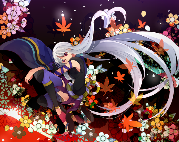Anime picture 995x787 with katanagatari white fox togame sekka single looking at viewer fringe breasts light erotic purple eyes silver hair full body bent knee (knees) long sleeves very long hair traditional clothes head tilt wide sleeves shadow zettai ryouiki
