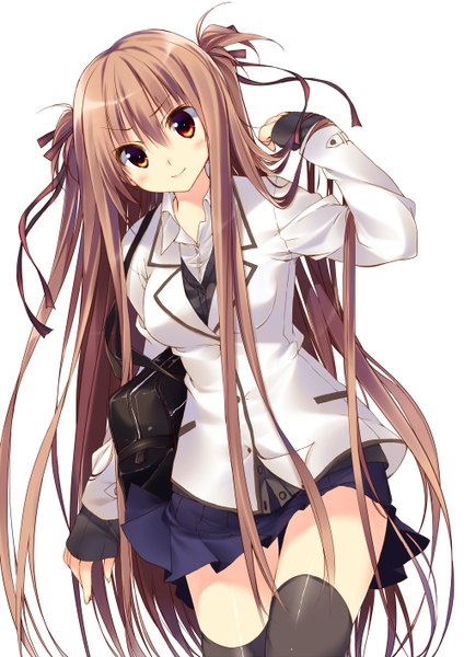 Anime picture 1000x1414 with original tororo inniina kuwashima rein long hair tall image blush simple background smile red eyes brown hair white background two side up girl thighhighs skirt uniform black thighhighs school uniform miniskirt school bag