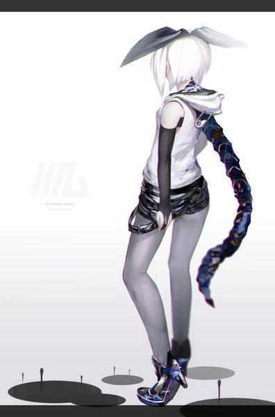 Anime picture 1000x1513 with original tmt (pixiv) single tall image short hair standing white hair from behind back girl shoes shorts hairband hood short shorts safety pin