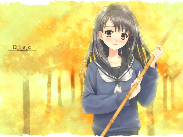 Anime picture 1024x768 with original touto seiro long hair black hair brown eyes autumn uniform plant (plants) school uniform broom bamboo