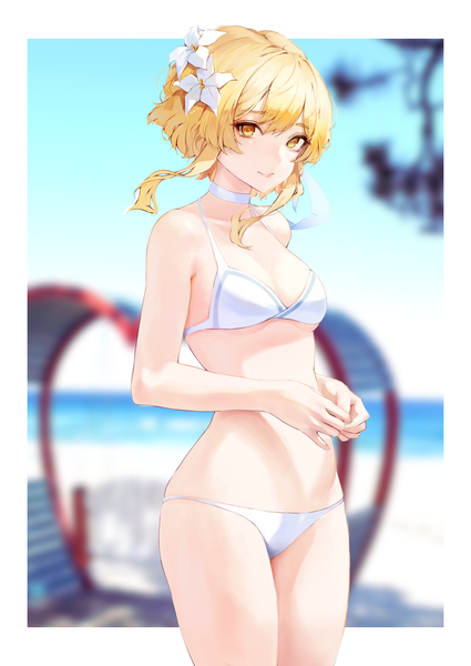 Anime picture 3294x4655 with genshin impact lumine (genshin impact) leviathan (hikinito0902) single tall image looking at viewer blush fringe highres short hair breasts light erotic blonde hair hair between eyes yellow eyes absurdres sky outdoors hair flower light smile