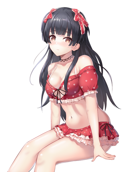 Anime picture 2612x3450 with idolmaster idolmaster shiny colors mayuzumi fuyuko mm (pomeme4) single long hair tall image looking at viewer blush fringe highres breasts light erotic black hair simple background white background sitting twintails brown eyes blunt bangs