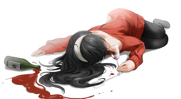 Anime picture 3680x2006 with spy x family yor briar yuki (asayuki101) single long hair highres black hair simple background wide image white background holding absurdres full body lying long sleeves no shoes sleeves past wrists drunk spill girl