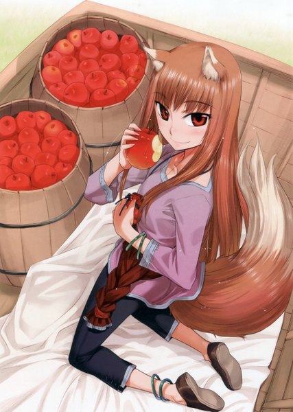 Anime picture 1980x2782 with spice and wolf horo koume keito single long hair tall image blush highres smile red eyes brown hair animal tail scan kneeling wolf ears wolf tail wolf girl girl boots bracelet