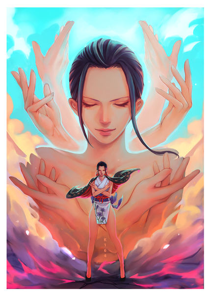 Anime picture 1200x1676 with one piece toei animation nico robin k164 single tall image short hair light erotic black hair standing signed payot full body eyes closed traditional clothes japanese clothes light smile lips bare legs high heels