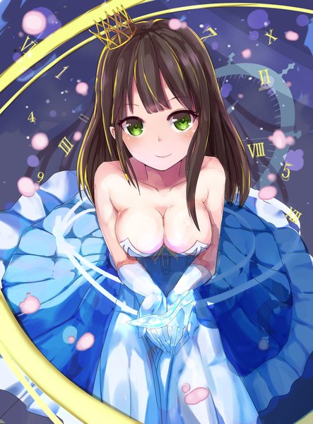 Anime picture 2923x3956 with idolmaster idolmaster cinderella girls shibuya rin nigouu single long hair tall image blush fringe highres breasts light erotic smile brown hair large breasts bare shoulders green eyes from above outstretched arm girl