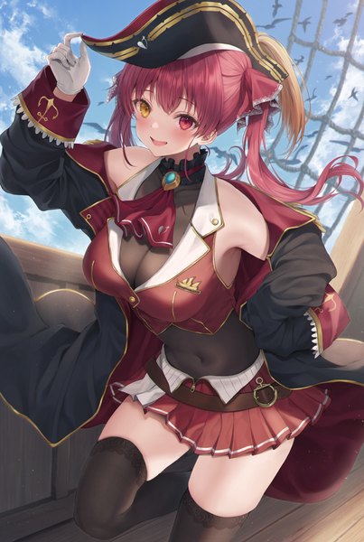 Anime picture 954x1419 with virtual youtuber hololive houshou marine houshou marine (1st costume) me meel single long hair tall image breasts open mouth light erotic large breasts twintails sky cloud (clouds) red hair :d pleated skirt hand on hip heterochromia