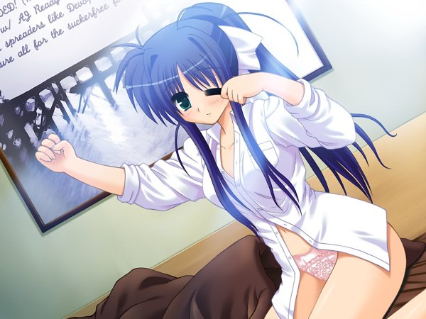 Anime picture 1200x900 with blush light erotic green eyes blue hair game cg ponytail girl underwear panties