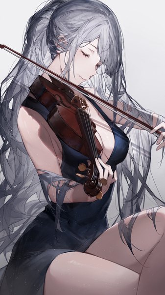 Anime picture 1124x2000 with girls frontline ak-12 (girls frontline) qiandaiyiyu single long hair tall image fringe breasts light erotic simple background large breasts sitting holding cleavage ponytail eyes closed grey hair playing instrument girl dress