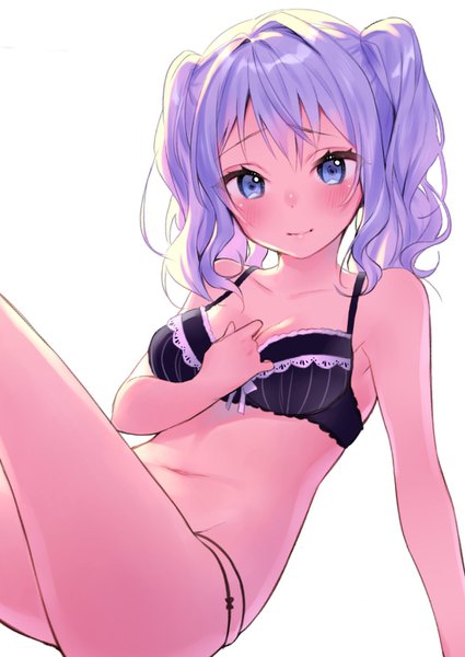Anime picture 1000x1412 with kantai collection kashima training cruiser shirako sei single long hair tall image looking at viewer blush blue eyes light erotic simple background white background twintails purple hair arm support underwear only hand on chest wavy hair girl underwear