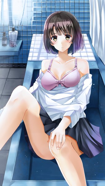 Anime picture 1200x2121 with saenai heroine no sodatekata a-1 pictures katou megumi nicky w single tall image looking at viewer blush short hair breasts light erotic black hair brown eyes open shirt girl skirt miniskirt shirt lingerie bra