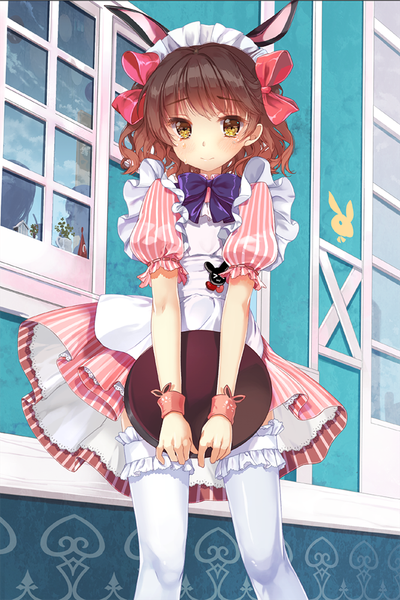 Anime picture 666x1000 with original mintchoco (orange shabette) single tall image looking at viewer blush fringe short hair brown hair standing animal ears yellow eyes outdoors short sleeves maid bunny ears embarrassed puffy sleeves tears girl