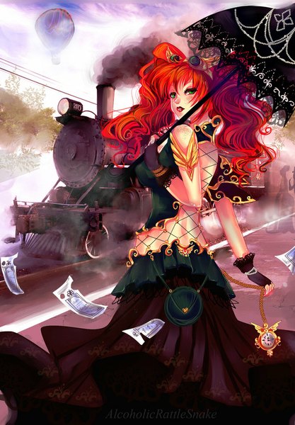 Anime picture 600x862 with original alcoholicrattlesnake single long hair tall image standing twintails green eyes looking back lips orange hair back smoke bare back lacing steam freckles girl gloves bracelet
