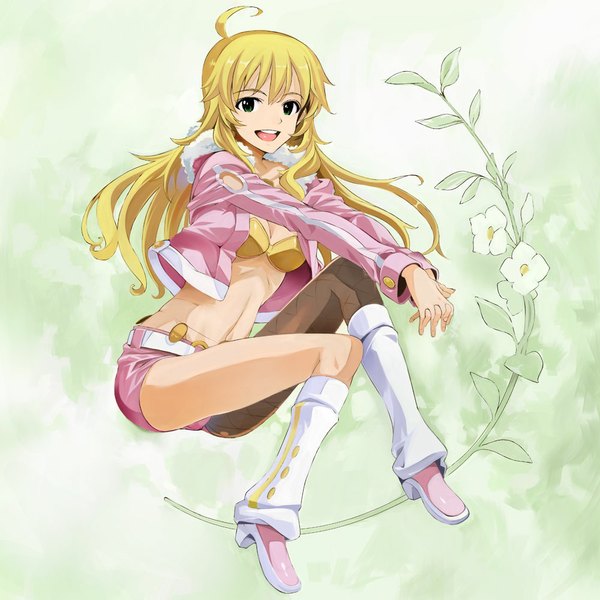 Anime picture 1000x1000 with idolmaster idolmaster (classic) hoshii miki miyo (13th floor) single long hair looking at viewer open mouth light erotic blonde hair sitting green eyes ahoge pink diamond 765 girl flower (flowers) socks jacket shorts short shorts