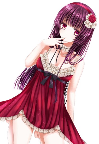 Anime picture 689x1000 with original hiroharu single long hair tall image looking at viewer white background purple eyes purple hair finger to mouth girl dress frills hairband