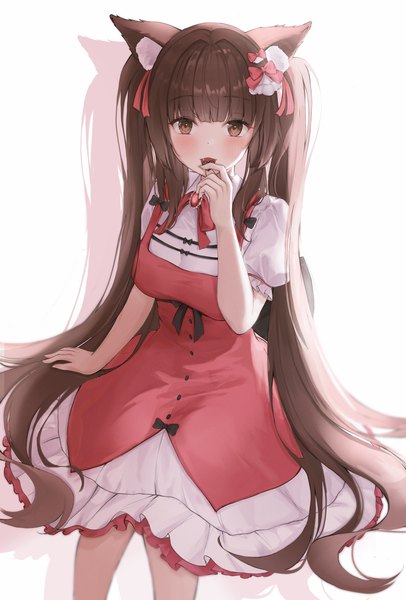 Anime picture 4000x5914 with neko paradise neko works (studio) chocola (nekopara) po ppe single tall image looking at viewer blush fringe highres open mouth simple background brown hair white background sitting twintails brown eyes animal ears absurdres blunt bangs