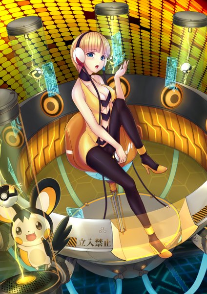 Anime picture 1074x1519 with pokemon pokemon black and white nintendo elesa (pokemon) emolga e neko (pixiv) tall image blush short hair breasts open mouth blue eyes light erotic blonde hair sitting legs gen 5 pokemon girl shoes headphones